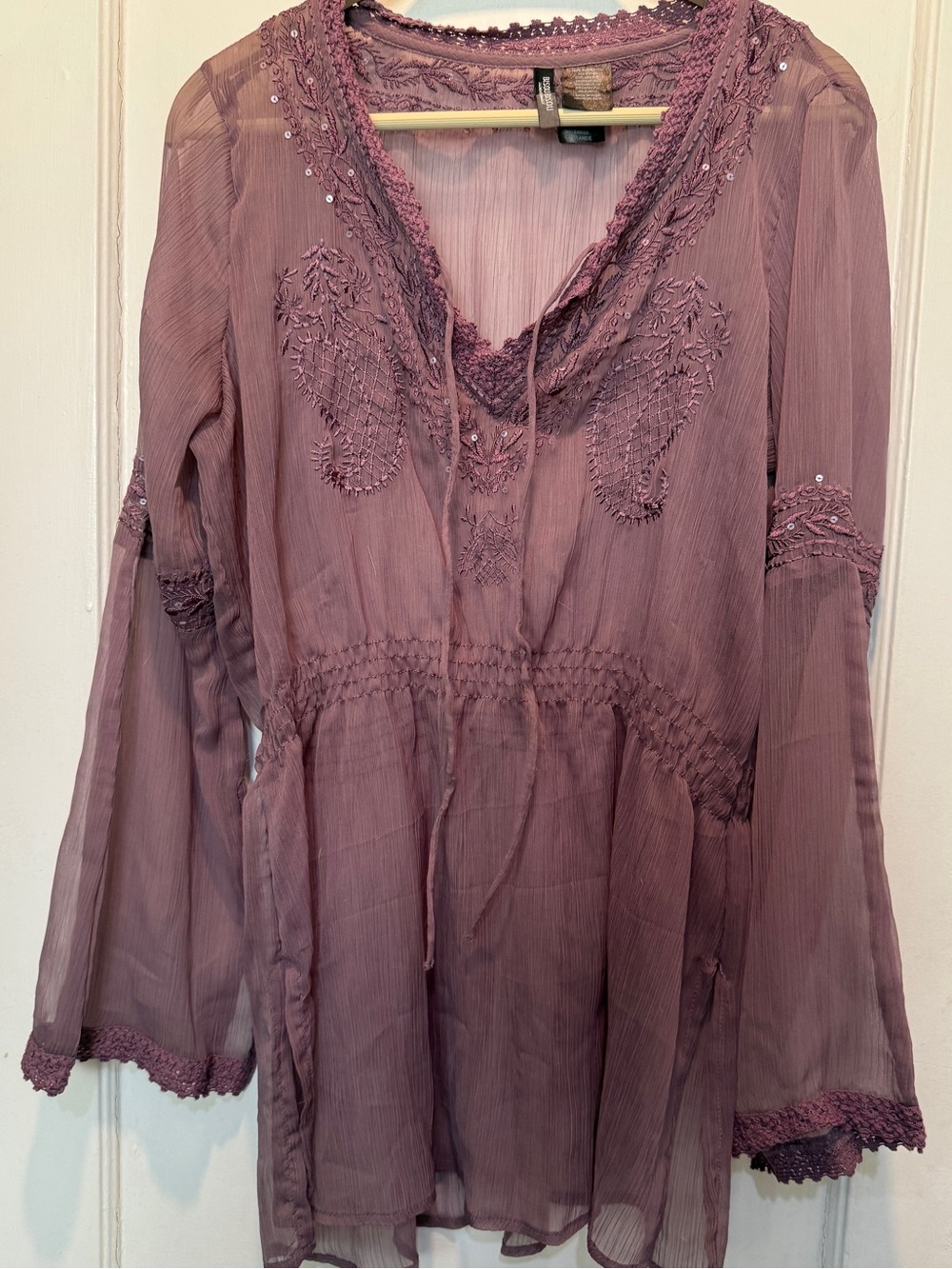 Embroidered and embellished Boho Peasant See Through Purple Blouse